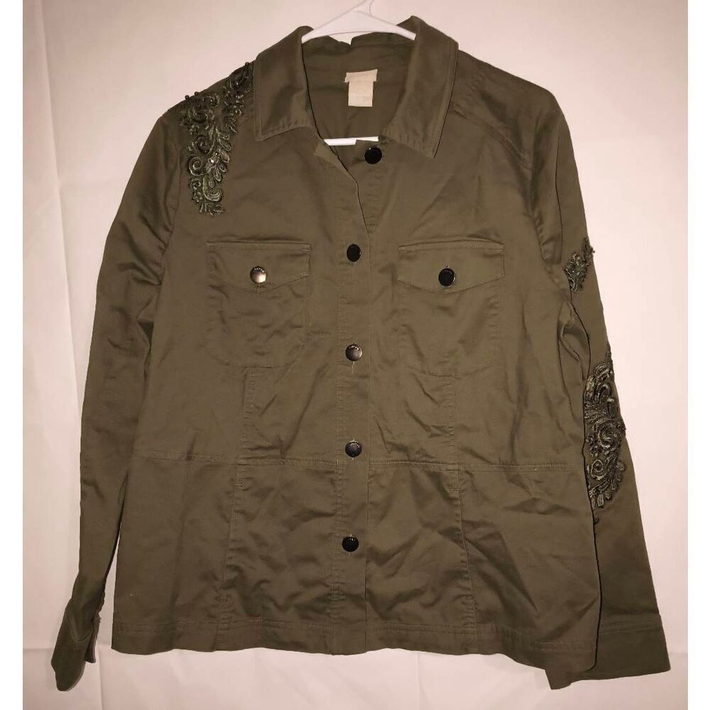 Chico's utility jacket  olive army green color lace floral appliqué shoulders Si